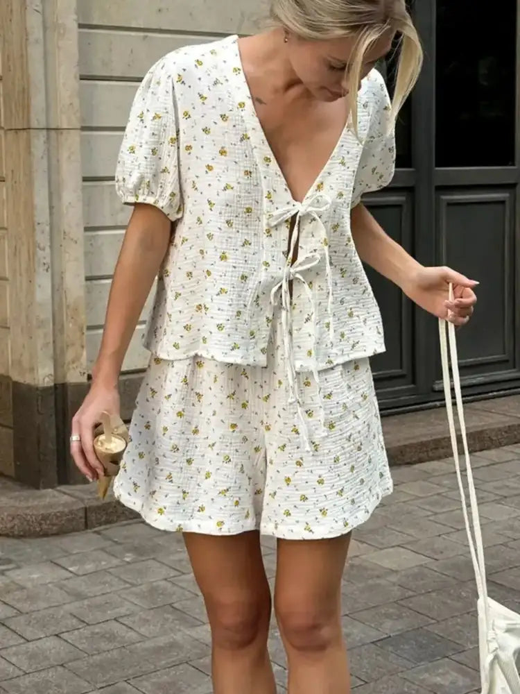 Floral Print Tie-Front Top and Shorts Set