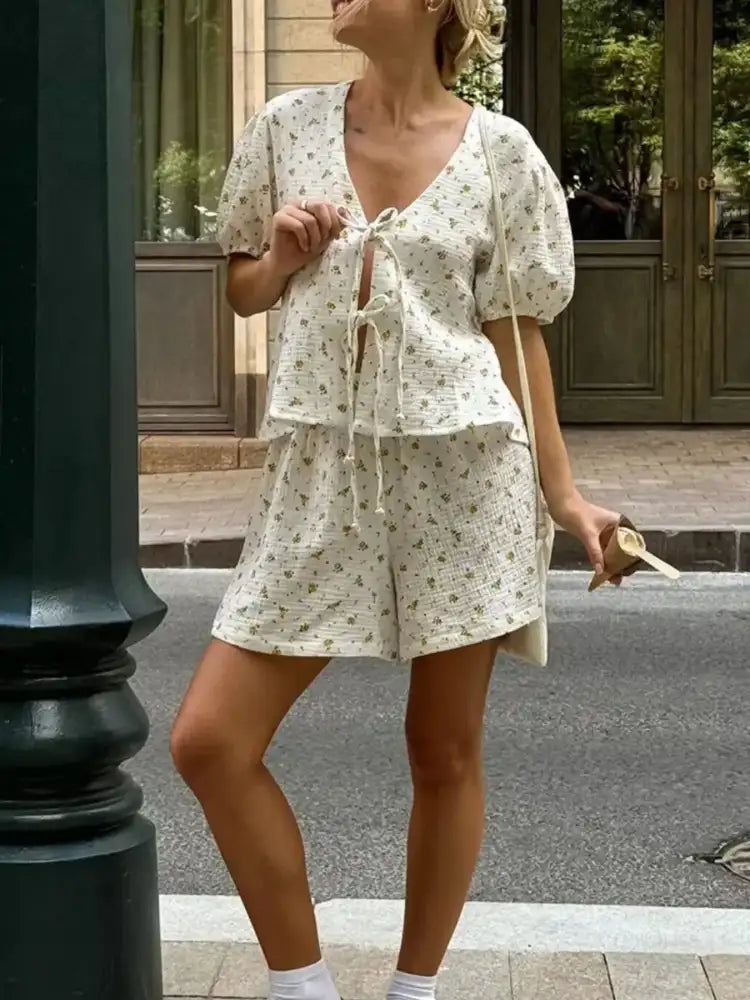 Floral Print Tie-Front Top and Shorts Set