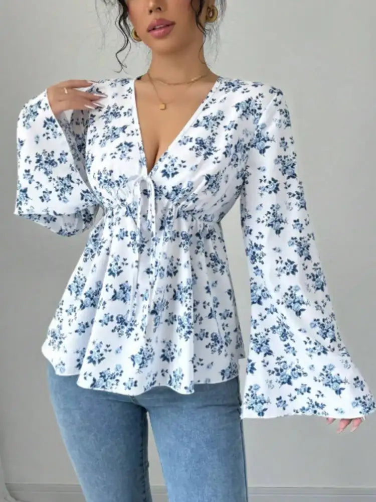 Floral Print V-Neck Long Sleeve Blouse