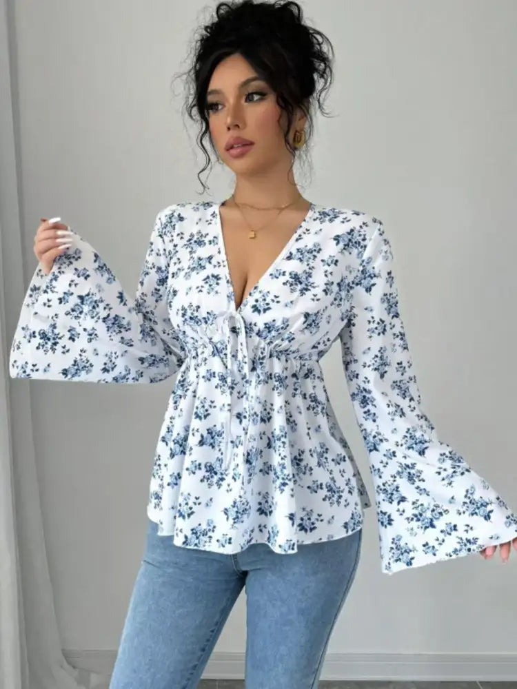 Floral Print V-Neck Long Sleeve Blouse
