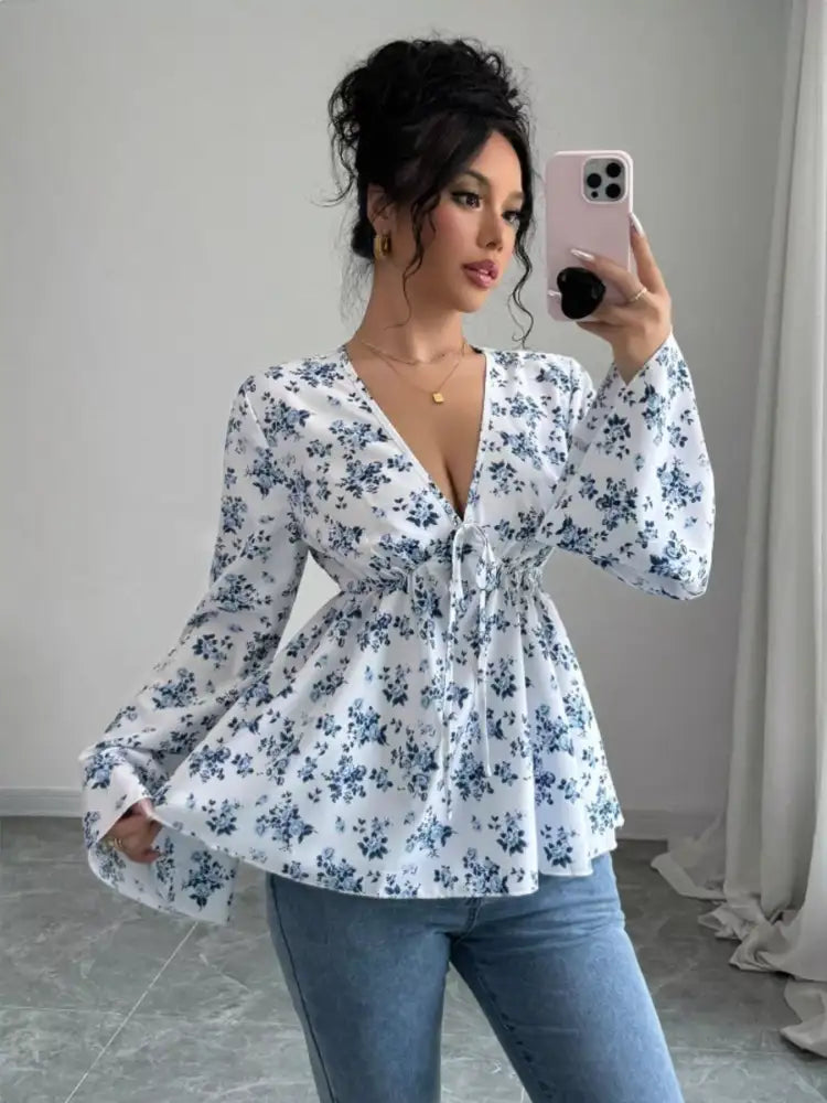 Floral Print V-Neck Long Sleeve Blouse