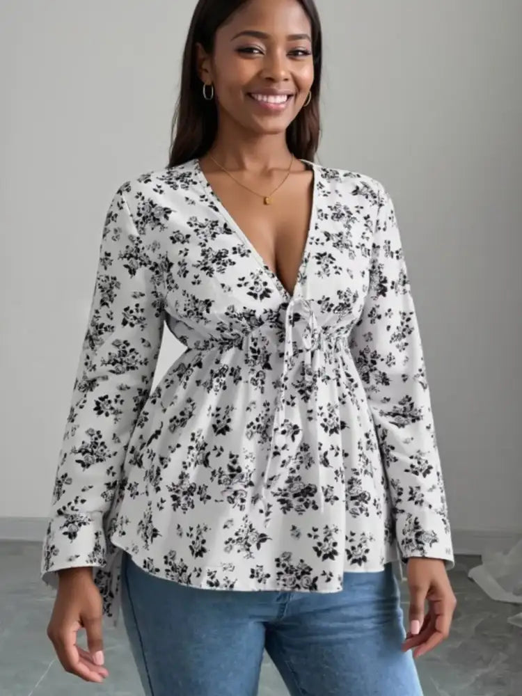 Floral Print V-Neck Long Sleeve Blouse