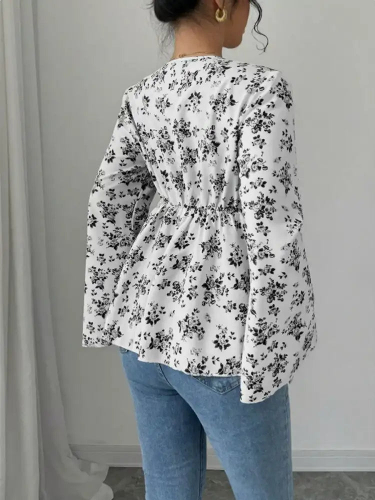 Floral Print V-Neck Long Sleeve Blouse