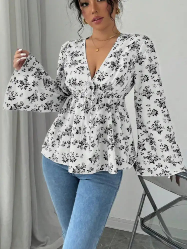 Floral Print V-Neck Long Sleeve Blouse