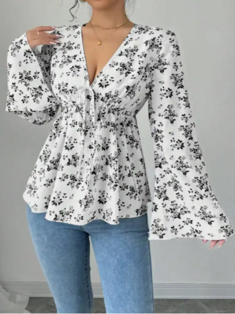 Floral Print V-Neck Long Sleeve Blouse