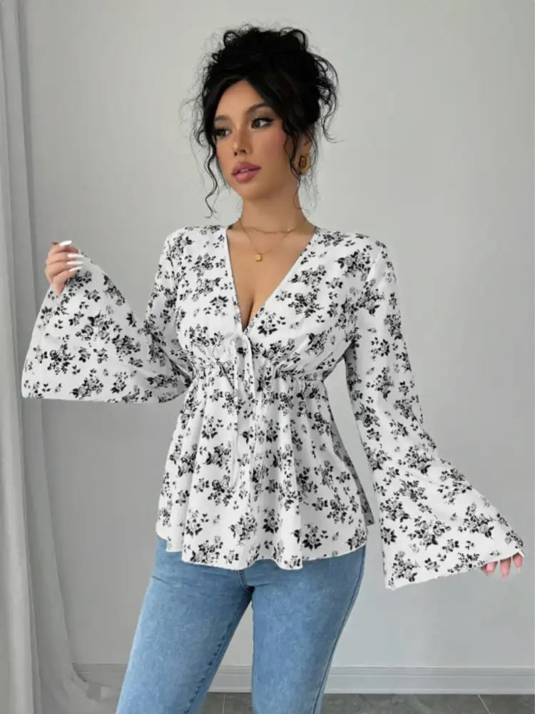 Floral Print V-Neck Long Sleeve Blouse