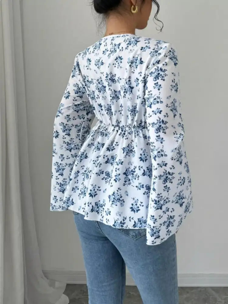 Floral Print V-Neck Long Sleeve Blouse