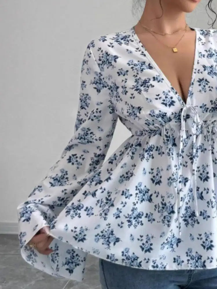 Floral Print V-Neck Long Sleeve Blouse