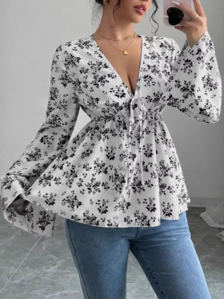 Floral Print V-Neck Long Sleeve Blouse