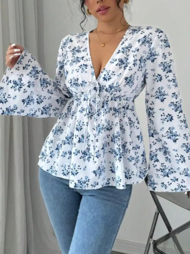 Floral Print V-Neck Long Sleeve Blouse
