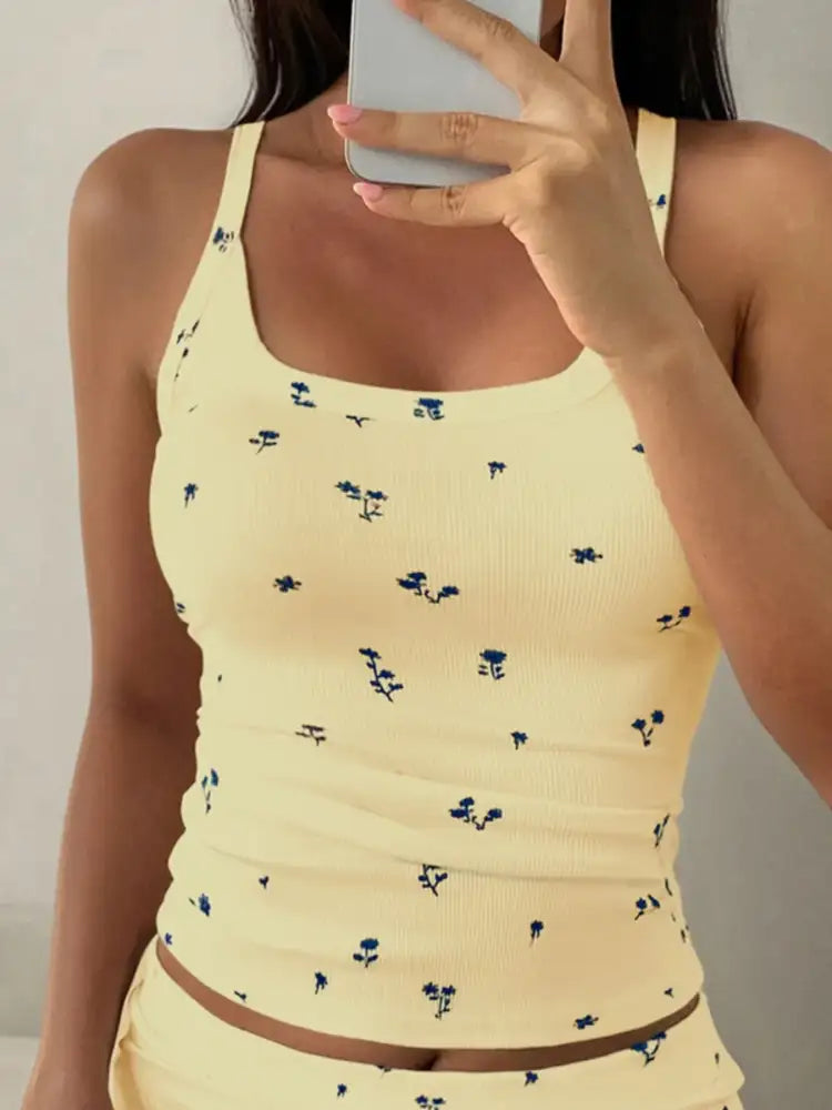 Floral Ribbed Cami and Wide Leg Pants Set