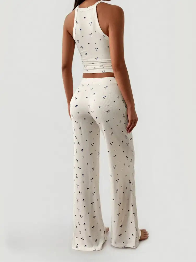 Floral Ribbed Cami and Wide Leg Pants Set
