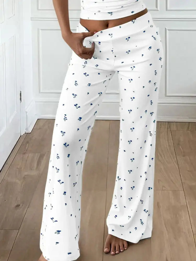 Floral Ribbed Cami and Wide Leg Pants Set