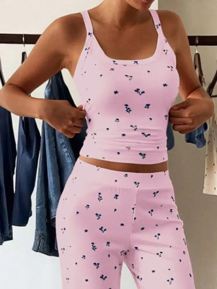 Floral Ribbed Cami and Wide Leg Pants Set