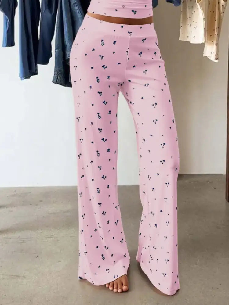 Floral Ribbed Cami and Wide Leg Pants Set