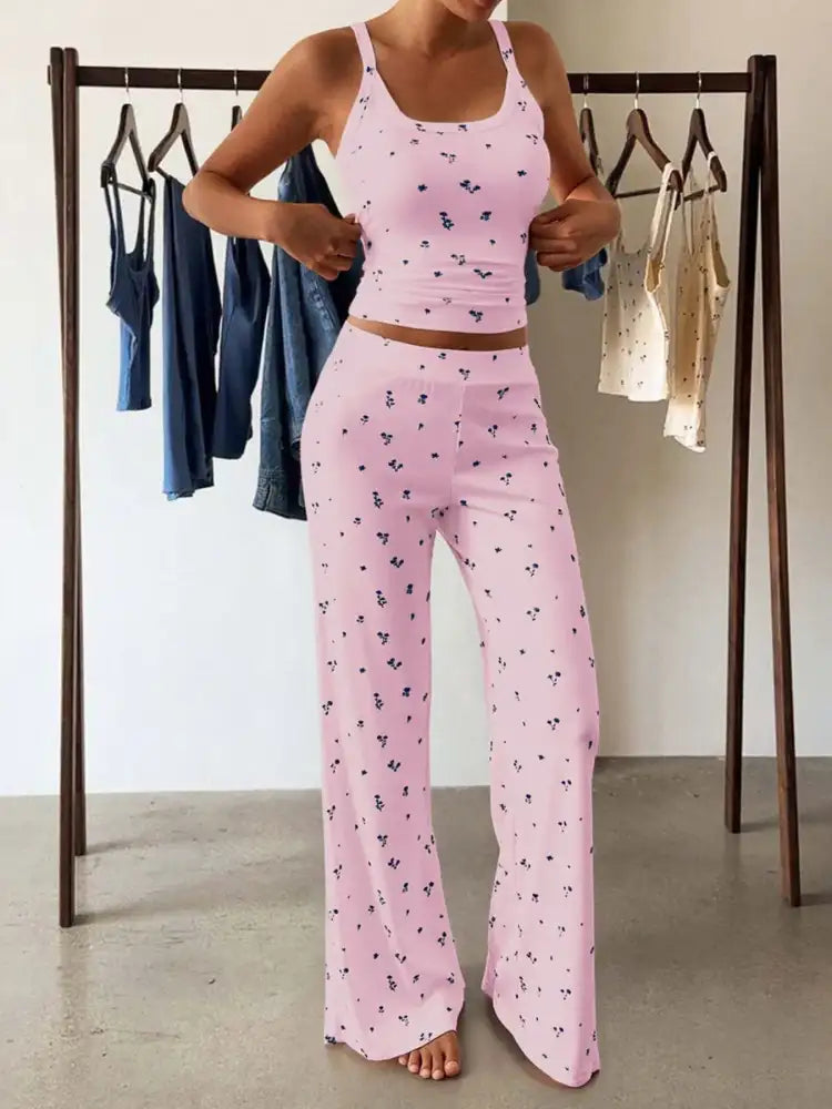 Floral Ribbed Cami and Wide Leg Pants Set