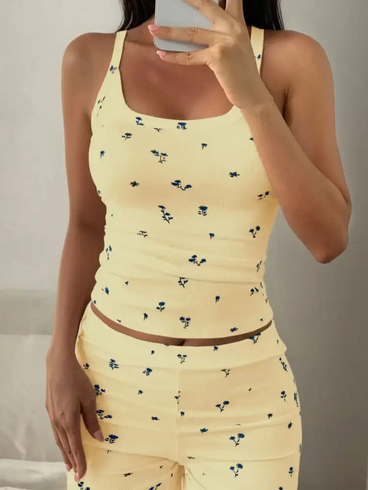 Floral Ribbed Cami and Wide Leg Pants Set