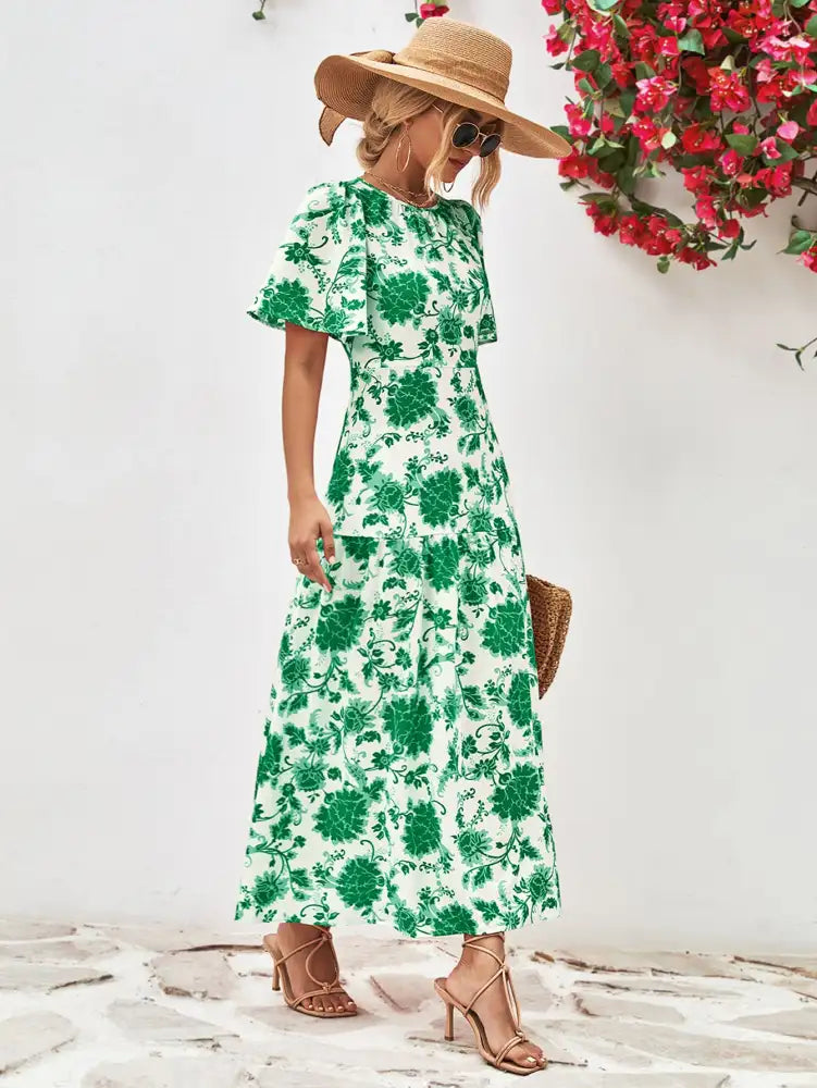 Floral Round Neck Tied Open Back Dress