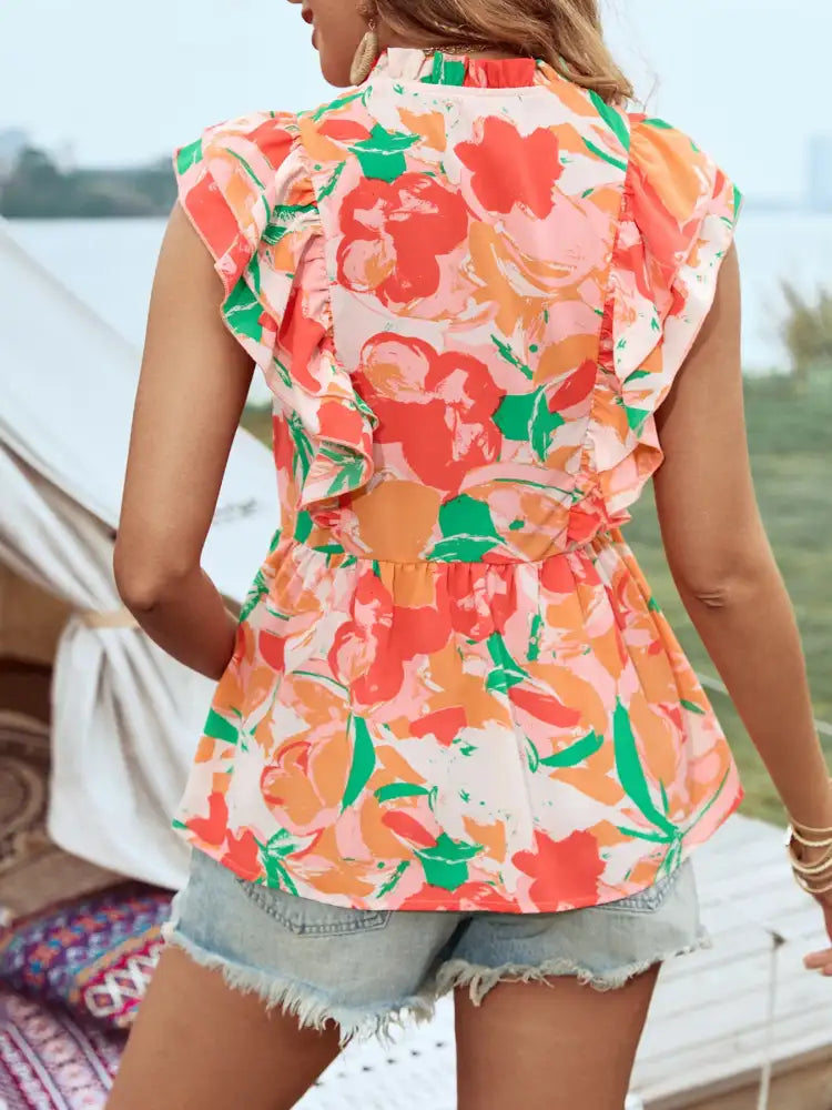 Floral Ruffle Cap Sleeve Blouse