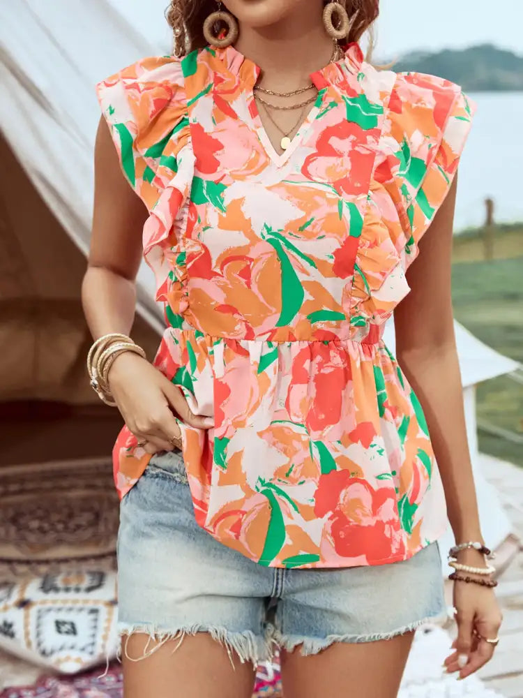 Floral Ruffle Cap Sleeve Blouse
