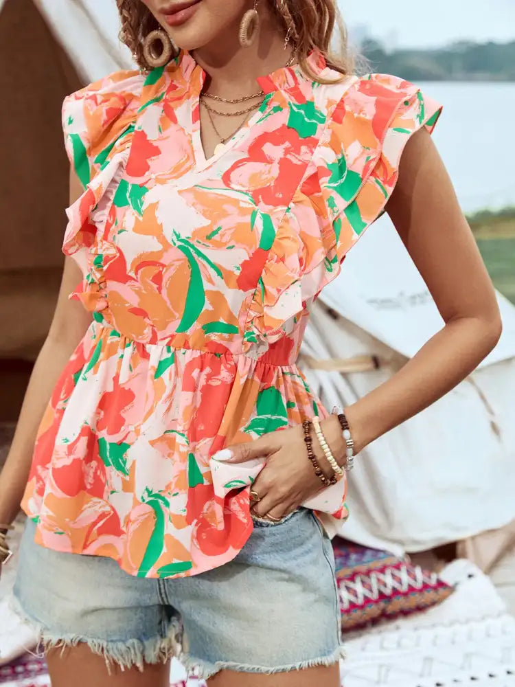 Floral Ruffle Cap Sleeve Blouse