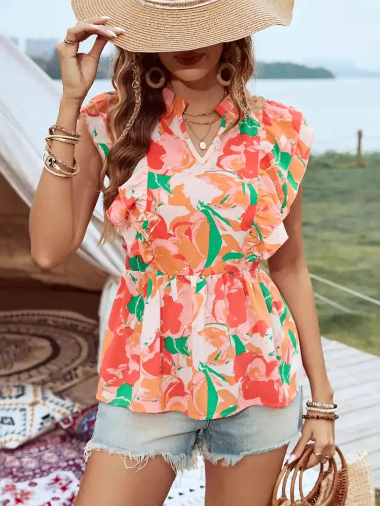 Floral Ruffle Cap Sleeve Blouse