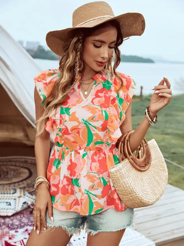 Floral Ruffle Cap Sleeve Blouse