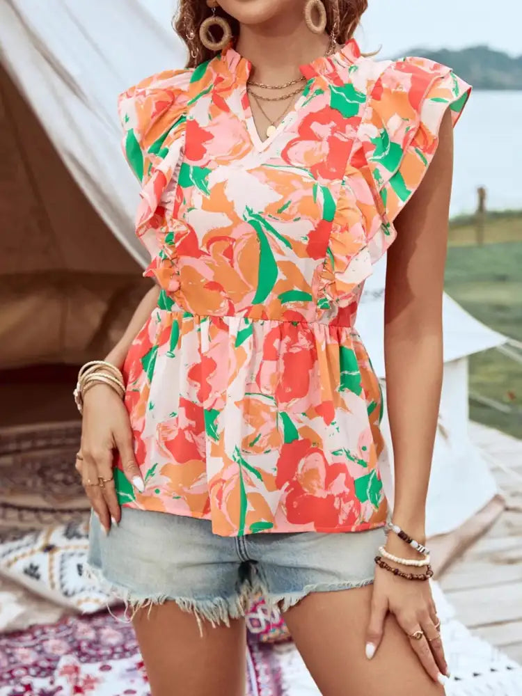 Floral Ruffle Cap Sleeve Blouse