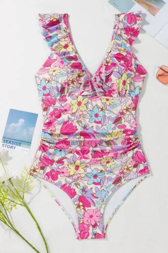 Floral Ruffle Trim Tummy Control One Piece Swimsuit