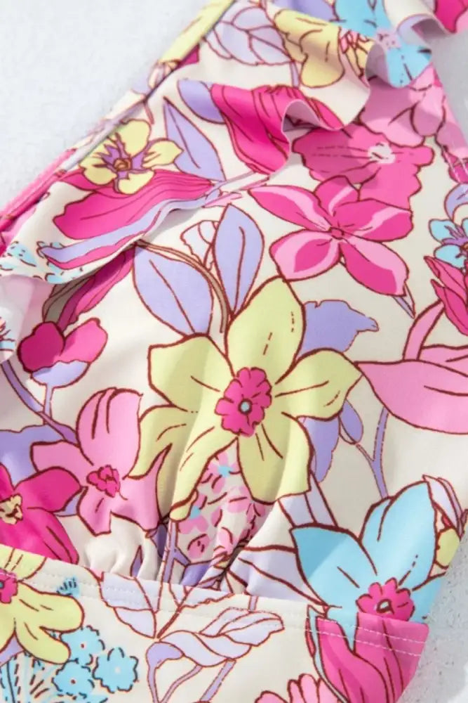 Floral Ruffle Trim Tummy Control One Piece Swimsuit