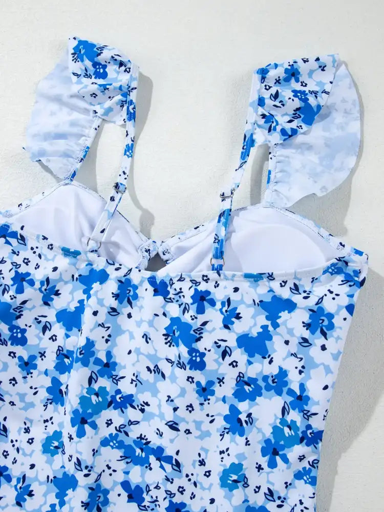 Floral Ruffled Strap Lace-up Hollow Out One Piece Swimsuit