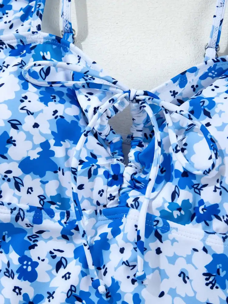 Floral Ruffled Strap Lace-up Hollow Out One Piece Swimsuit