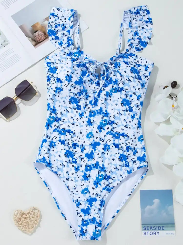 Floral Ruffled Strap Lace-up Hollow Out One Piece Swimsuit
