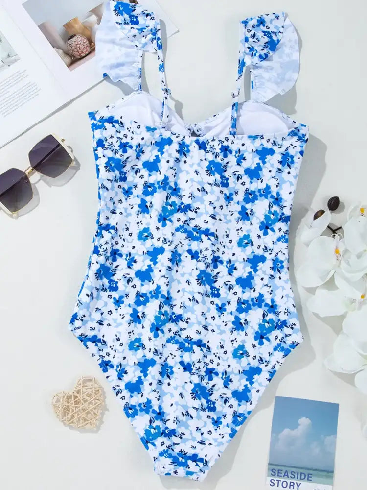 Floral Ruffled Strap Lace-up Hollow Out One Piece Swimsuit