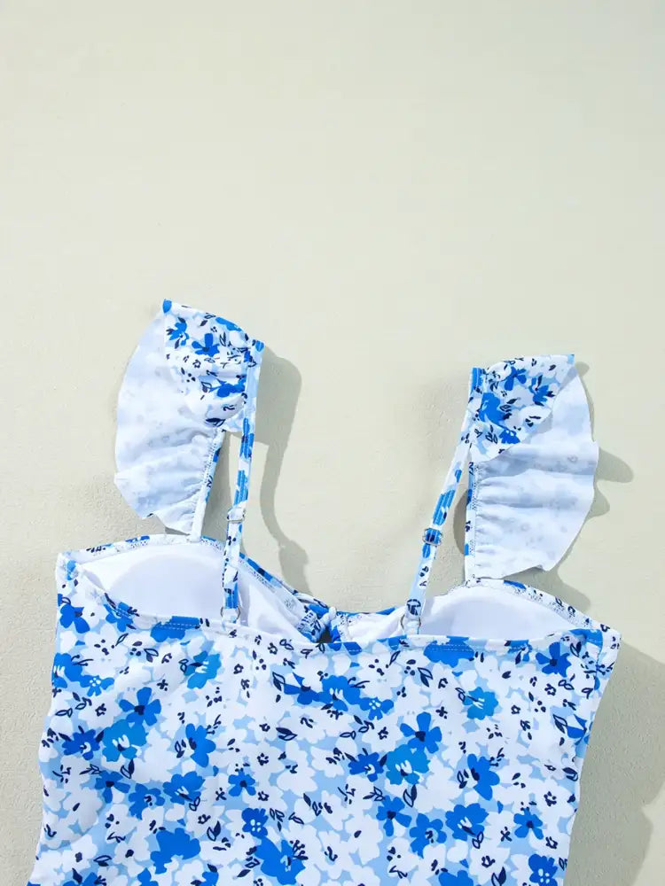 Floral Ruffled Strap Lace-up Hollow Out One Piece Swimsuit