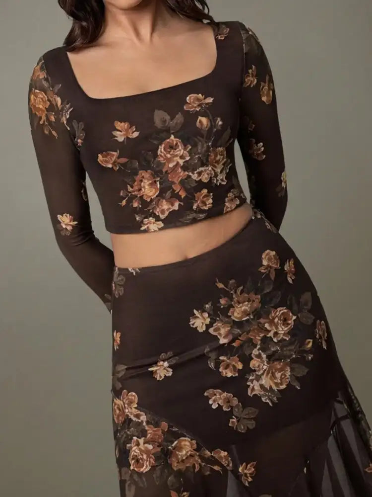 Floral Square Neck Top and Skirt Set