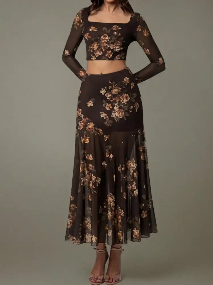 Floral Square Neck Top and Skirt Set