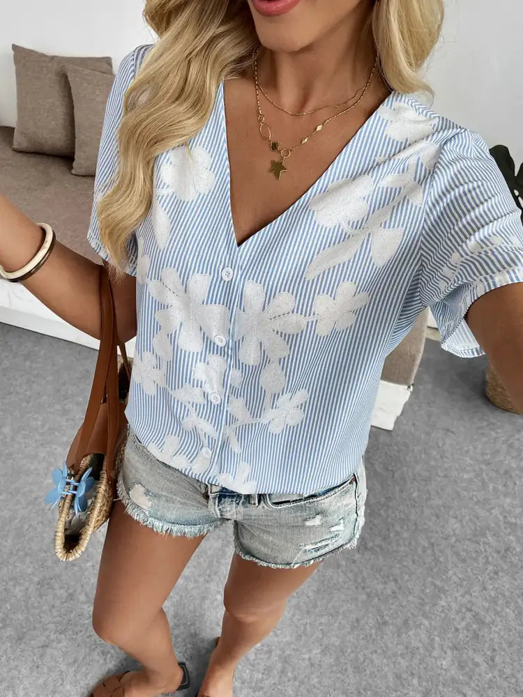 Floral Striped V-Neck Short Sleeve Shirt