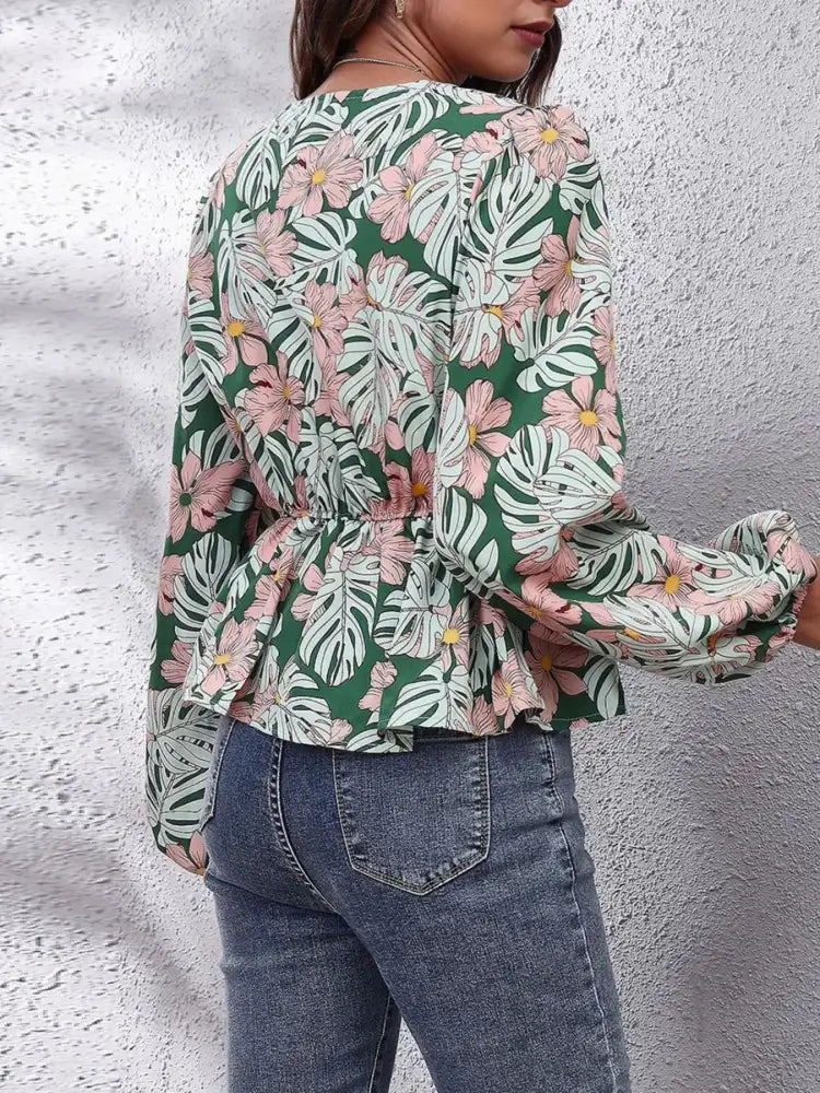 Floral V-Neck Balloon Sleeve Blouse