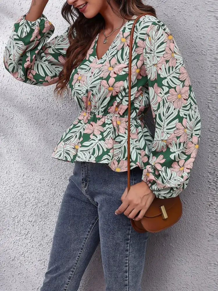 Floral V-Neck Balloon Sleeve Blouse