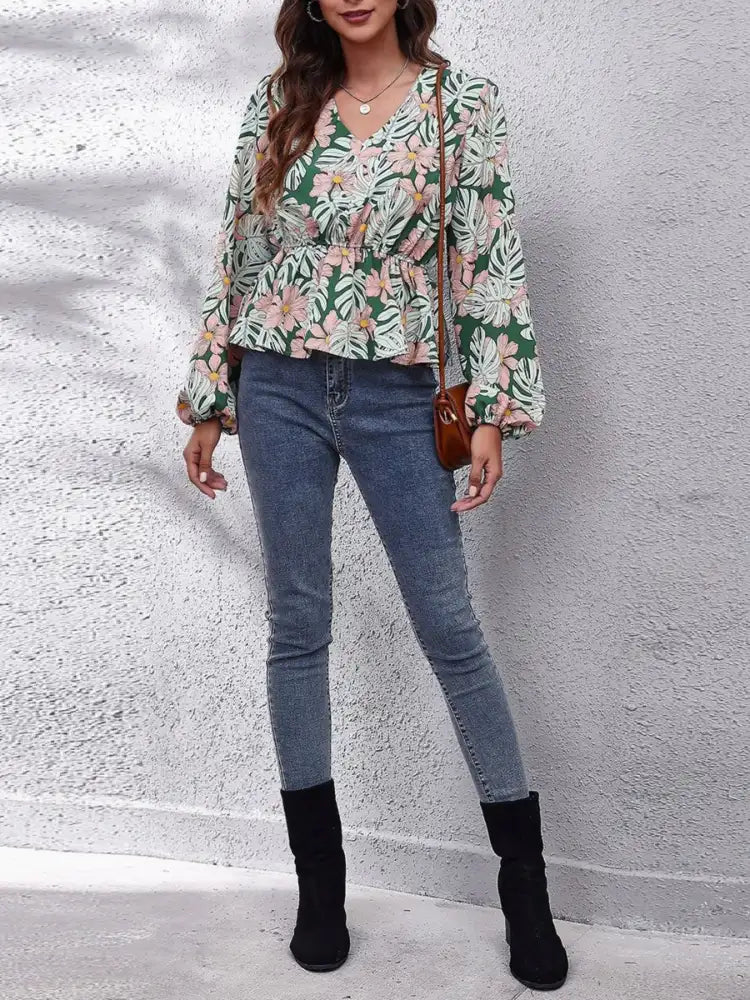 Floral V-Neck Balloon Sleeve Blouse