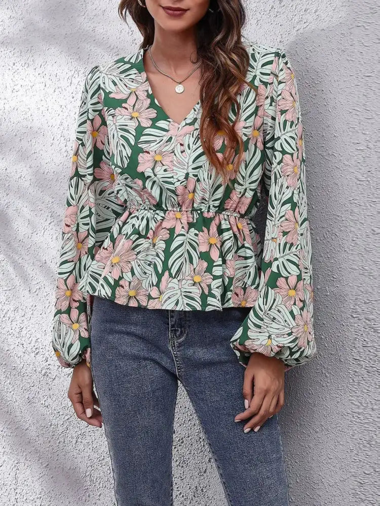 Floral V-Neck Balloon Sleeve Blouse