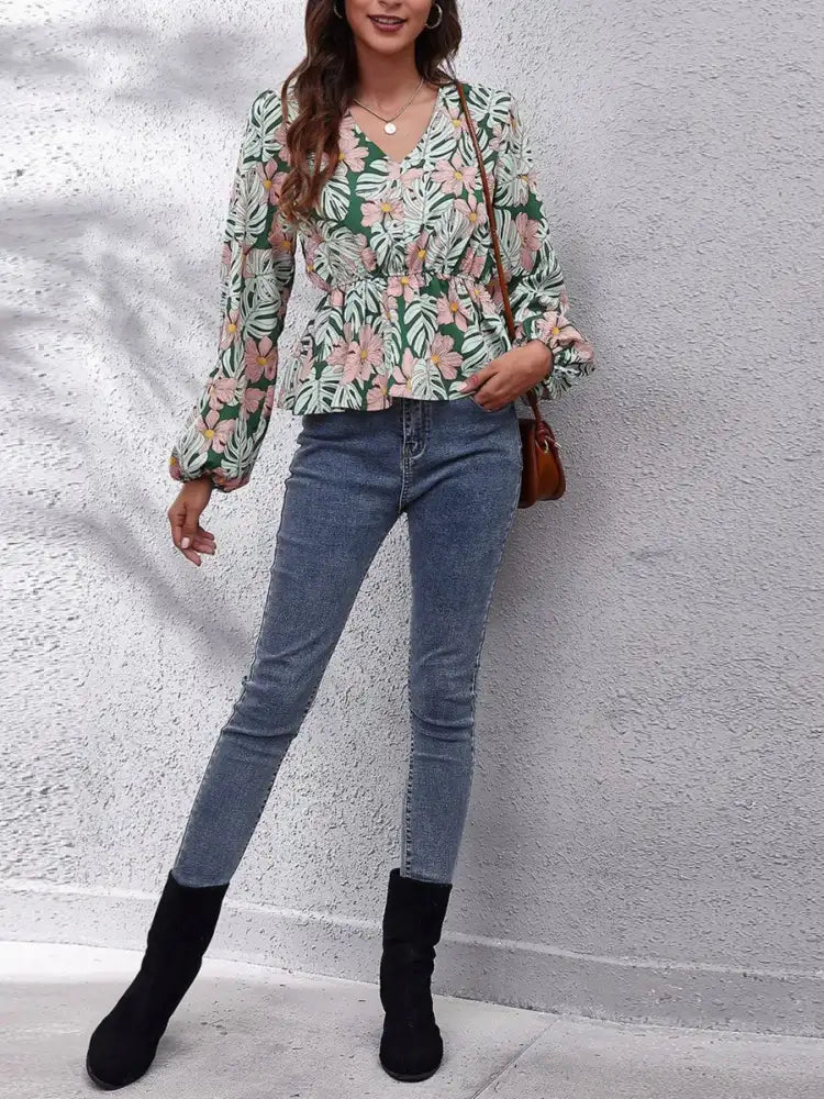 Floral V-Neck Balloon Sleeve Blouse