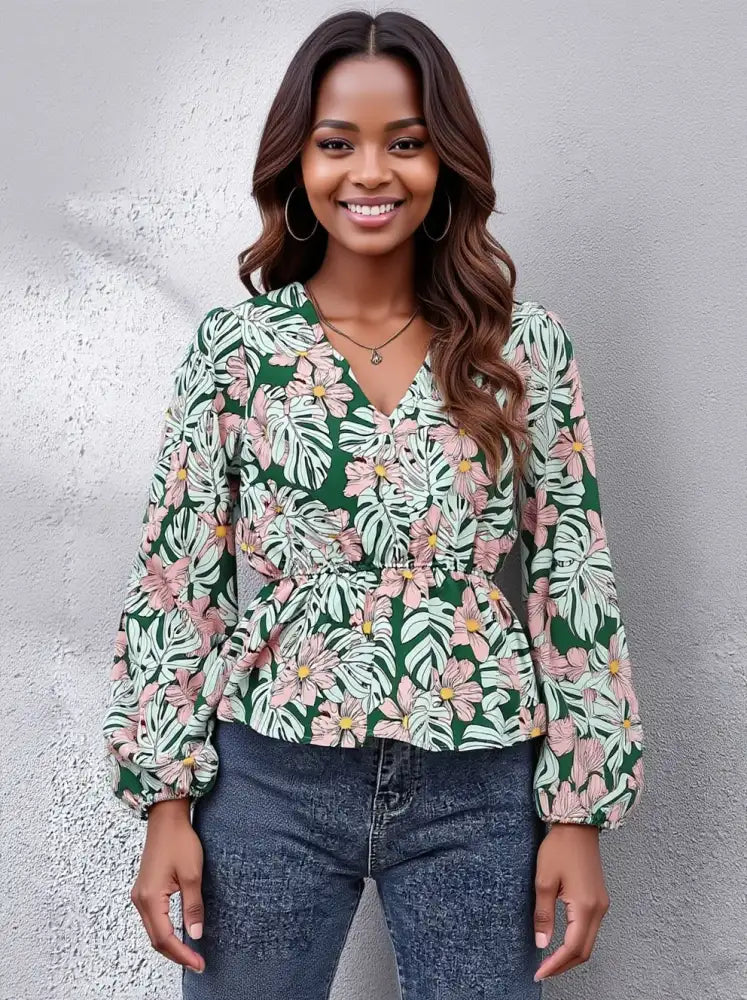 Floral V-Neck Balloon Sleeve Blouse