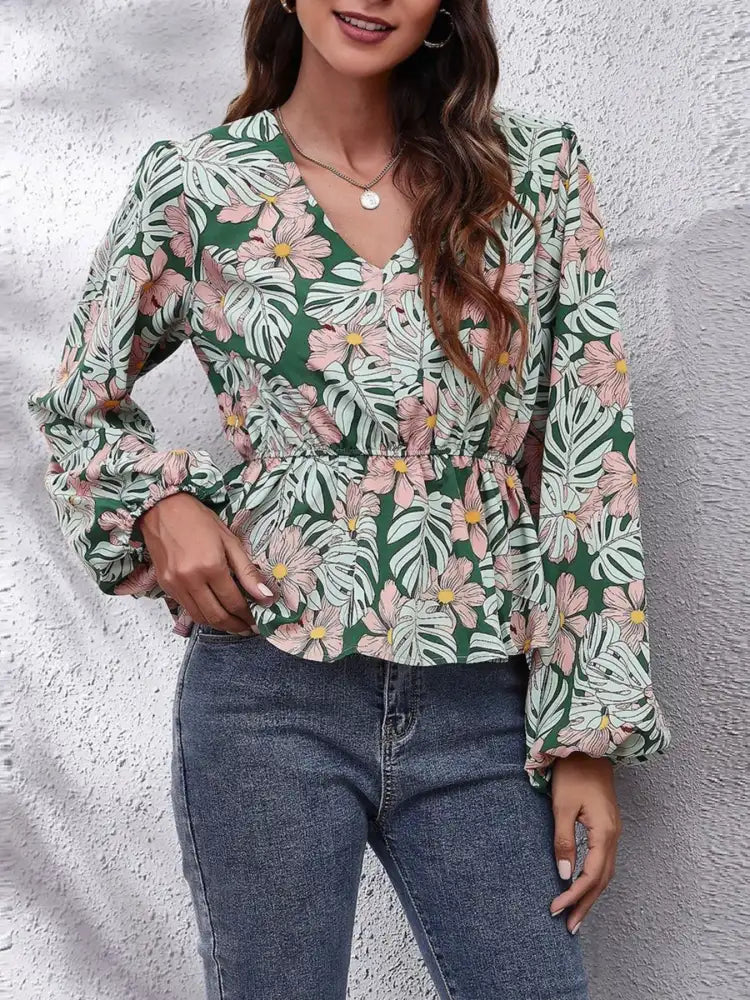 Floral V-Neck Balloon Sleeve Blouse