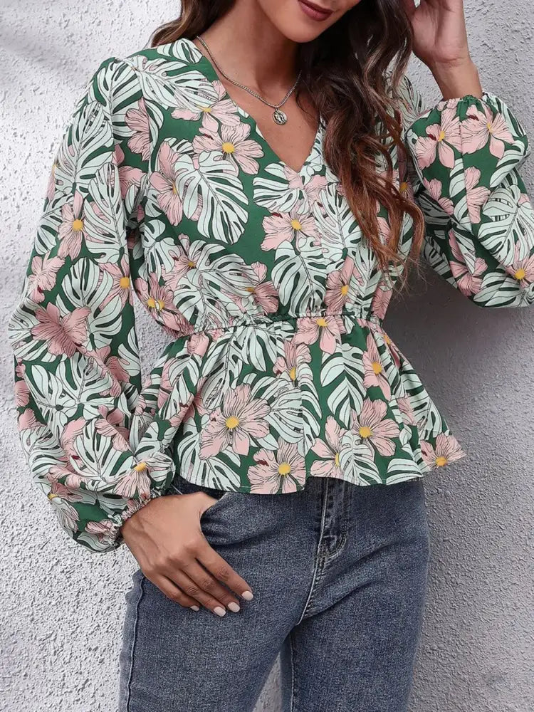 Floral V-Neck Balloon Sleeve Blouse
