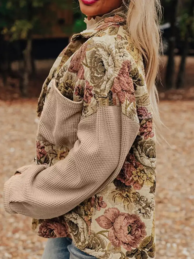Floral Waffle Knit Patchwork Chest Pockets Buttoned Jacket