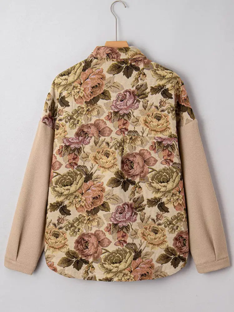 Floral Waffle Knit Patchwork Chest Pockets Buttoned Jacket