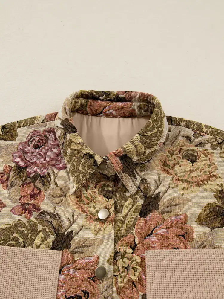 Floral Waffle Knit Patchwork Chest Pockets Buttoned Jacket
