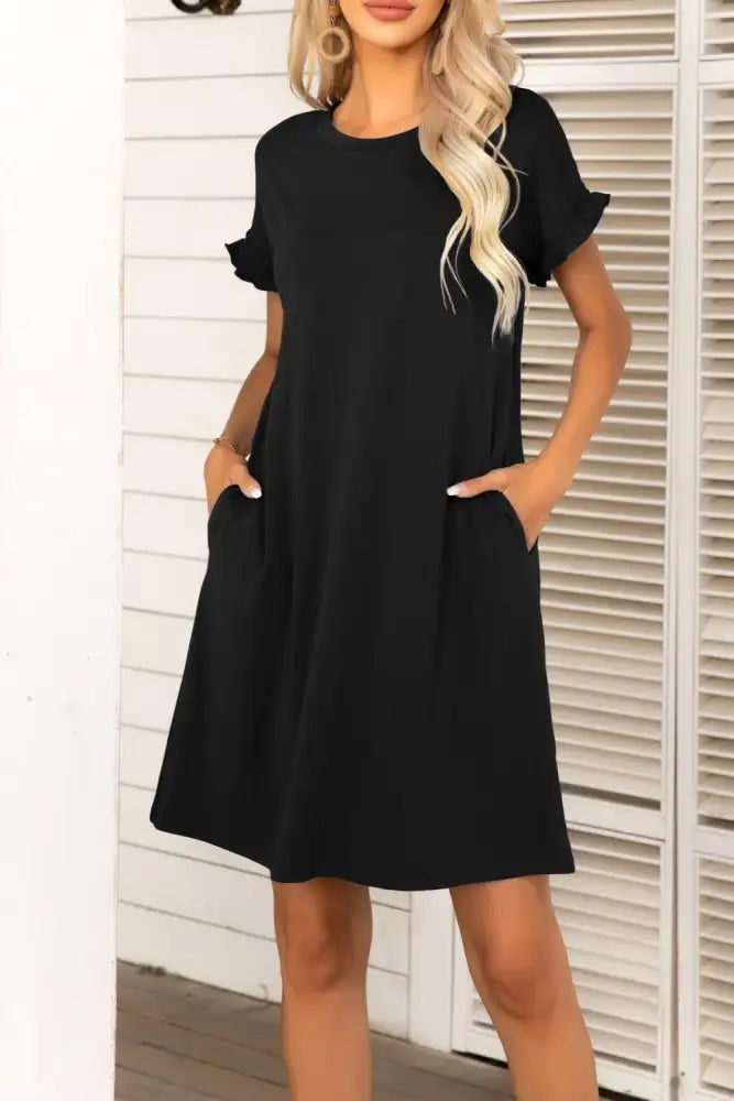 Flounce Sleeve Round Neck Dress with Pockets
